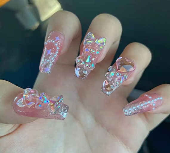 Pink Rhinestone Studded Press on Nails -  Hong Kong