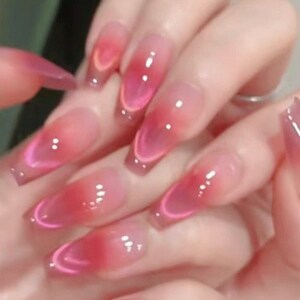 Handmade Cherry Red Blush Ombre Pink Cat Eye Aurora Press On Nails Cat Eye Nails Blush Nails New Year nails