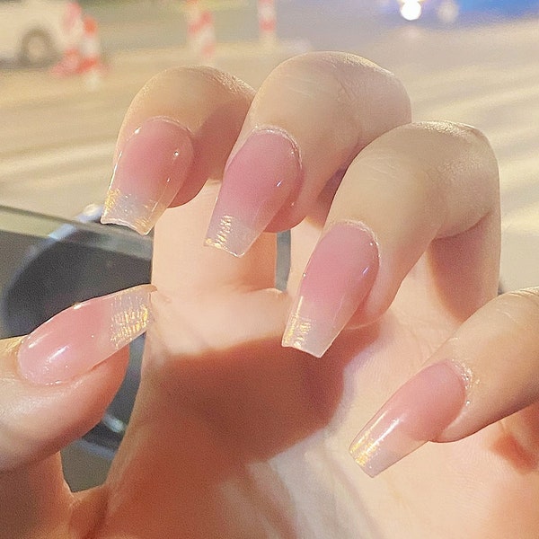 Handmade Peach Pink Nude Ombre Glitter Stripe Press On Nails Ombre Nails Pink Nails Nude Nails Coffin Nails Reusable Nails Acrylic Nails