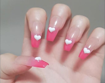 Handmade Rose Red Ombre Milky Heart Press On Nails Ombre Nails Pink Nails Cute Nails Coffin Nails Reusable Nails Acrylic Nails
