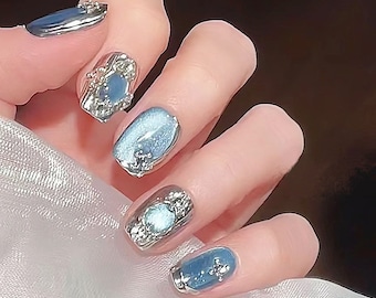 Handmade Metallic Blue Crystal Cat Eye Glitter Press On Nails Metallic Nails Cat Eye Nails Luxury Nails