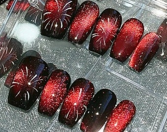 Handmade White Fireworks Red Cat Eye Black Press On Nails Fireworks Nails Festival Nails Black Nails Red Nails Cat Eye Nails