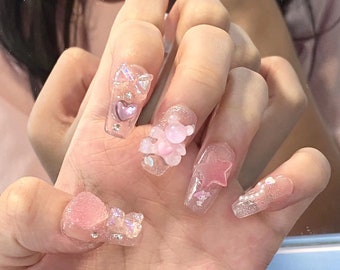 Handmade Bear Candy Cute Press On Nails Cute Nails Long Nails Pink Nails Summer Nails Animal Nails Acrylic Nails Gel Nails Reusable Nails