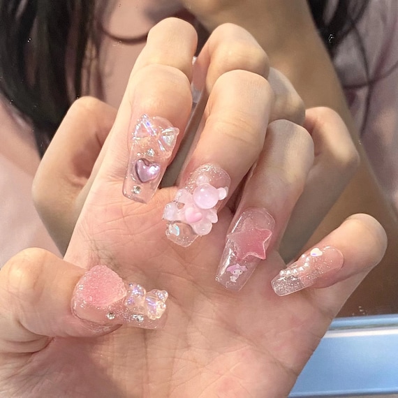 Teddy Bear Nails Gel Nails Handmade Trendy Nails Press on -  Canada