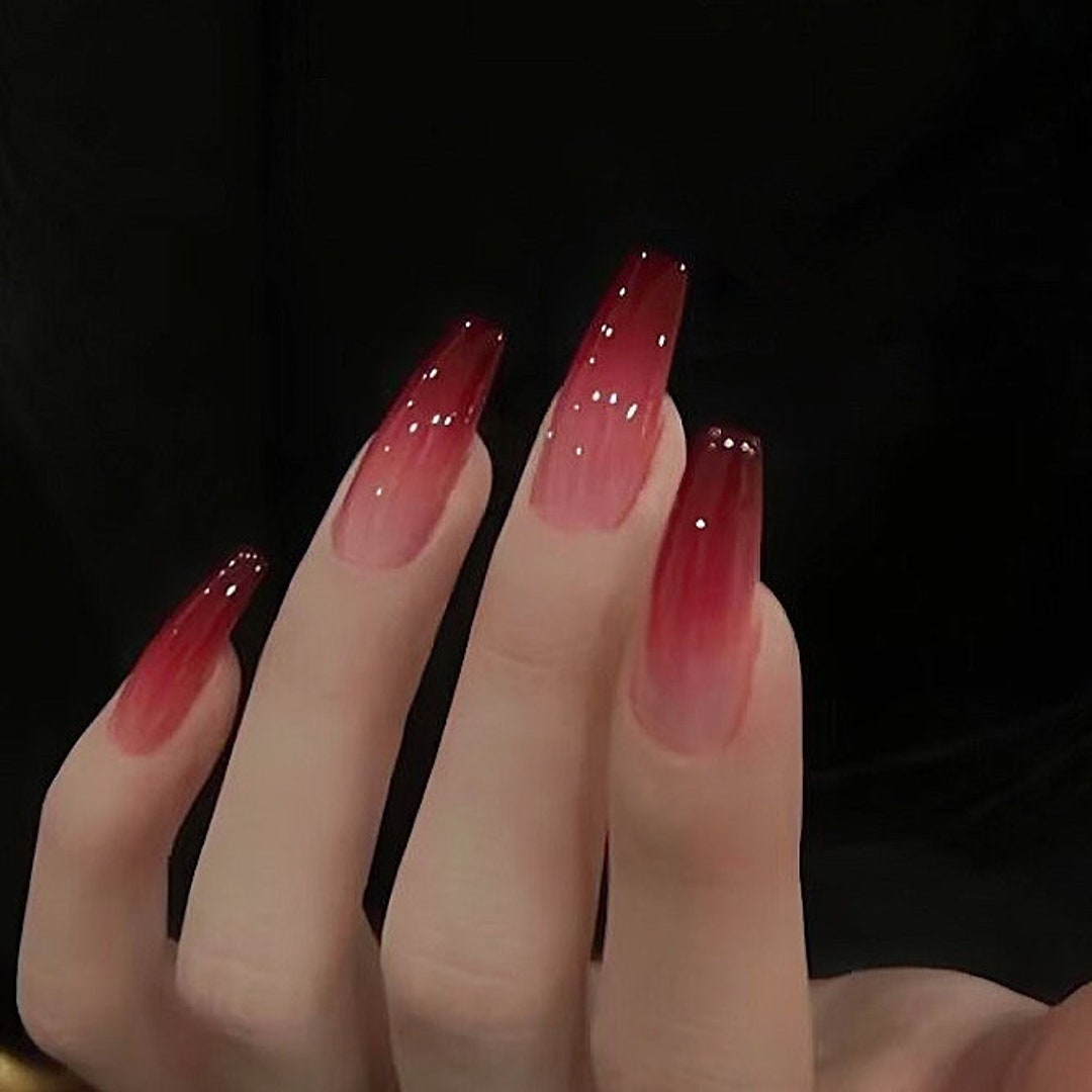 Handmade Deep Red Cherry Red Ombre New Year Christmas Press on Nails Ombre  Nails Red Nails 