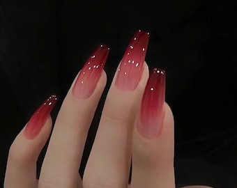 Fait main rouge cerise rouge foncé ombré Nouvel an Noël Appuyez sur les ongles Ongles ombrés Ongles rouges