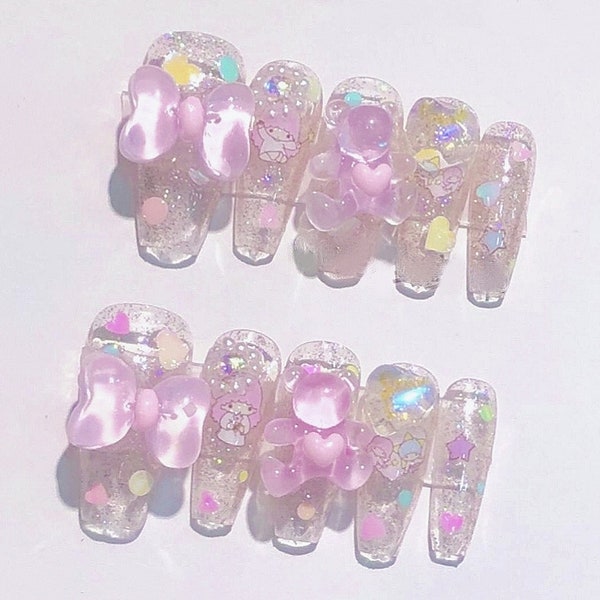 Handmade Little Twin Star Pink Blue Lala Kiki Hugging Bear Bow Colorful Sequin Press On Nails Cute Nails Anime Nails Cute Nails