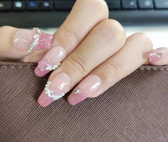 Glamour Hand Painted Press Ons Pink French Tips White and Pink Nails Chrome Nails  Charm Nails Bow Nails Pearl Nails 