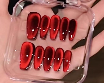 Handmade Red Glass Bead Cat Eye Press On Nails Cat Eye Nails Red Nails New Year nails