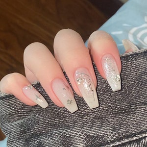 Handmade Y2K Gilding Silver Butterfly Milky Glitter Press On Nails Butterfly Nails Milky Nails Y2K Nails Acrylic Nails image 2