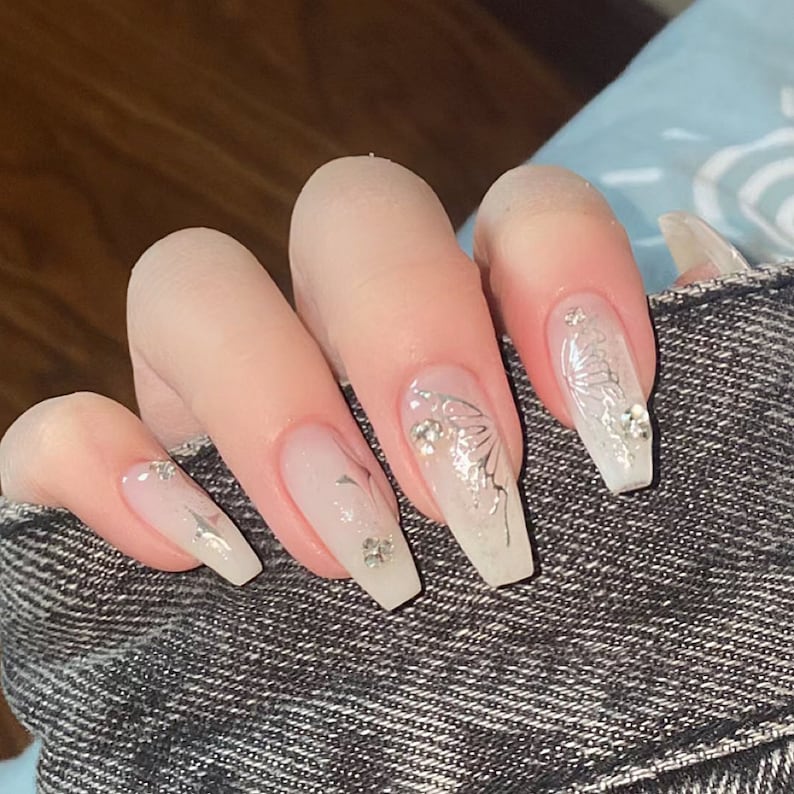 Handmade Y2K Gilding Silver Butterfly Milky Glitter Press On Nails Butterfly Nails Milky Nails Y2K Nails Acrylic Nails image 2