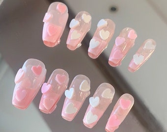 Handmade Pink White 3D Heart Pink French Press On Nails Cute Nails Y2K Nails Pink Nails Heart NailsDopamine Nails Valentine's Day Nails