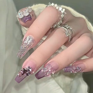 Handmade Purple Crystal Star Butterfly Press On Nails Ombre Nails Marble Nails Luxury Coffin Nails Reusable Nails Acrylic Nails