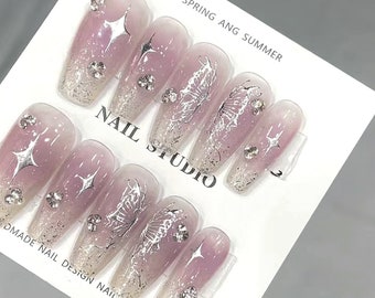 Handmade Y2K Gilding Silver Butterfly Purple Blush Ombre Glitter Press On Nails Ombre Nails Pink Nails Y2K Nails  Acrylic Nails