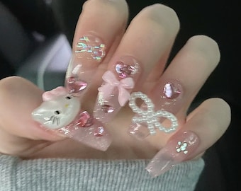 Handmade He llo Kitty Pink Heart Milky Pearl Bow Anime Cute Press On Nails Cute Nails Kitty Nails Pink Nails Acrylic Nails Coffin