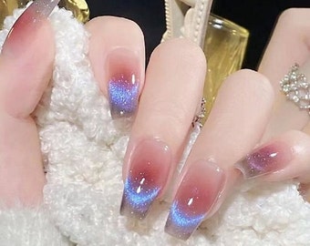 Handmade Galaxy Bright Purple Cat Eye Aurora Blush Ombre Press On Nails Purple Nails Aurora Nails Cat Eye Nails Cat Eye Nails