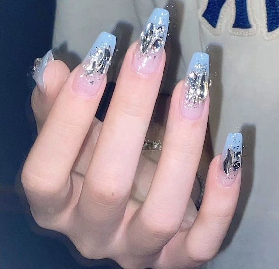 Handmade Fake Nails Moonlight White Glitter Diamonds Coffin With Designed  Acrylic Full Cover Nail Tips for Girls - AliExpress