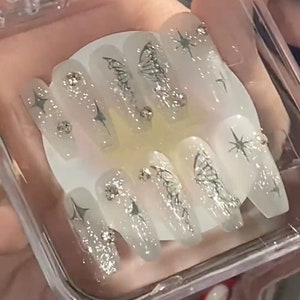 Handmade Y2K Gilding Silver Butterfly Milky Glitter Press On Nails Butterfly Nails Milky Nails Y2K Nails Acrylic Nails image 1