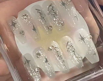 Handmade Y2K Gilding Silver Butterfly Milky Glitter Press On Nails Butterfly Nails Milky Nails Y2K Nails Acrylic Nails