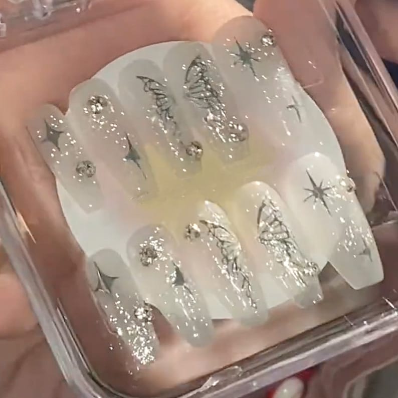 Handmade Y2K Gilding Silver Butterfly Milky Glitter Press On Nails Butterfly Nails Milky Nails Y2K Nails Acrylic Nails image 1