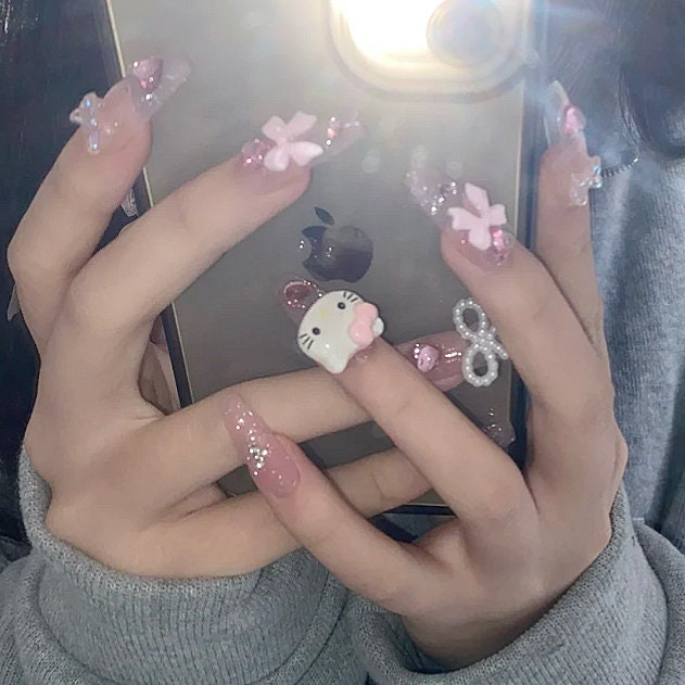10pcs Sanrio Hello Kitty Fake Nails Ins Handmade New Cute Cartoon High-End  Manicure Sweet Girl False Nails with Wearing Tool