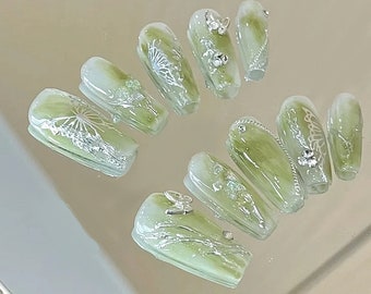 Handmade Spring Jade Green Ombre Sliver Butterfly Elegant Press On Nails Butterfly Nails Marble Nails Green Nails Spring Nails Wedding Nails