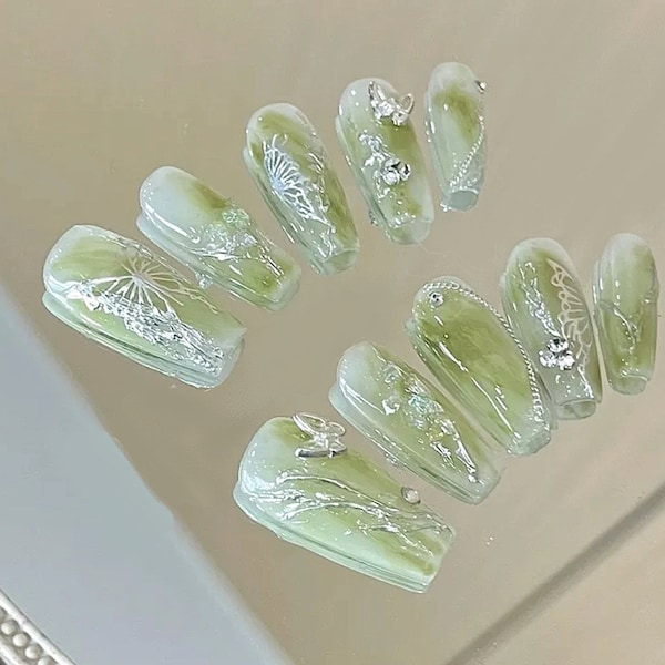 Handmade Spring Jade Green Ombre Sliver Butterfly Elegant Press On Nails Butterfly Nails Marble Nails Green Nails Spring Nails Wedding Nails