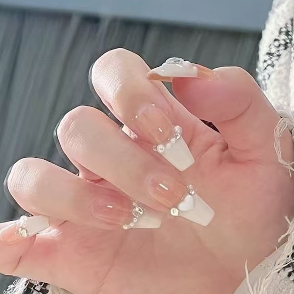 Handmade Cream Puff Milky White Heart Pearl French Glitter Press On Nails Cute French Nails Coffin Nails Reusable Nails Acrylic Nails