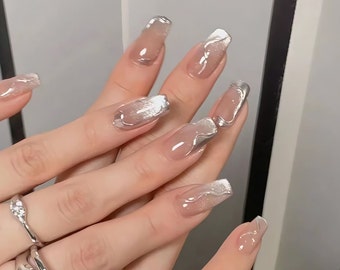 Handmade Gilding Silver Metallic Aurora Sliver Cat Eye Glitter Press On Nails Fake Nails