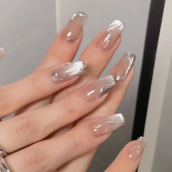 Handgefertigte Vergoldung Silber Metallic Aurora Sliver Katzenauge Glitter Drücken Sie auf die Nägel Gefälschte Nägel