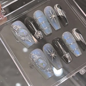 Handmade Y2K Gilding Silver Metallic Aurora Blue Opal Ombre Glitter Press On Nails Sliver Nails Gothic Nails Y2K Nails  Acrylic Nails