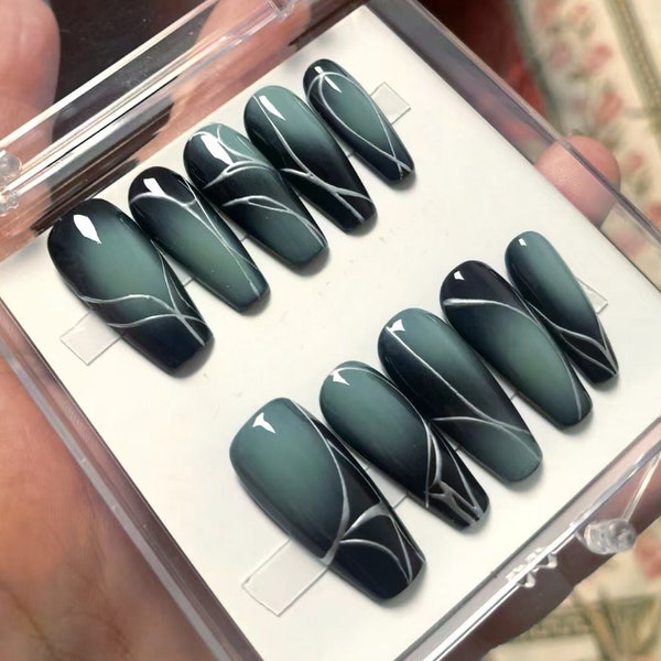 Handmade Gilding Silver Mint Blue Green Black Ombre Metallic Press On Nails Reusable Nails
