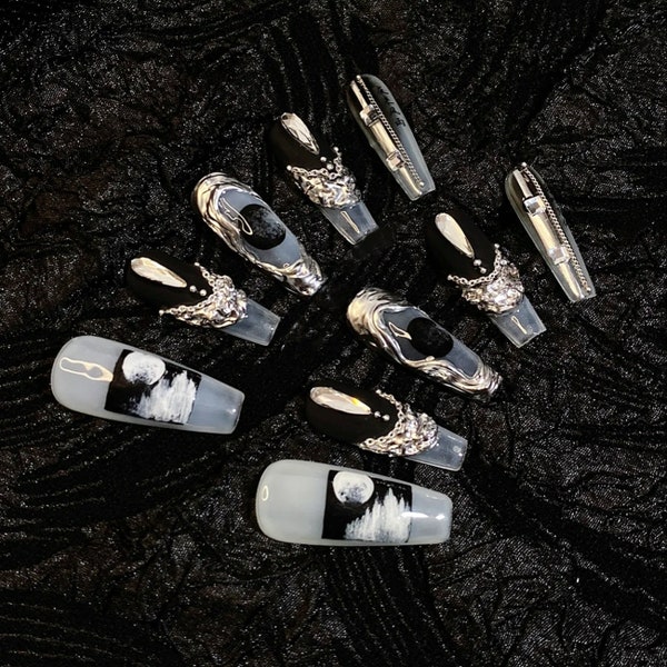 Handmade Gilding Silver Metallic Black Moon Cyberpunk Press On Nails Sliver Nails Gothic Nails Y2K Nails Acrylic Nails