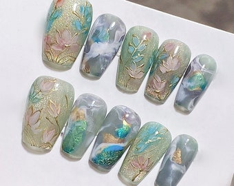 Handmade Painting Lotus Dusty Green Marble Gold Line Luxury Flower Press On Nails Lotus Nails Painting Nails Spring Nails Flower Nails