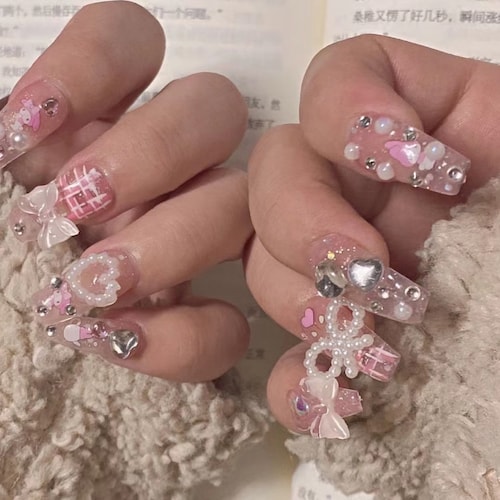 Handmade Pink Bow Melody Cute Press On Nails Cute Nails Pink Nails Bow Nails Handmade Nails Reusable Nails Melody Nails Coffin Nails