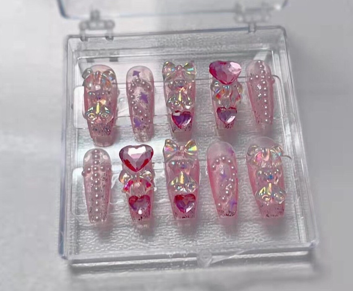 Handmade Pink Bling Glitter Cute Press on Nails Bear - Etsy UK