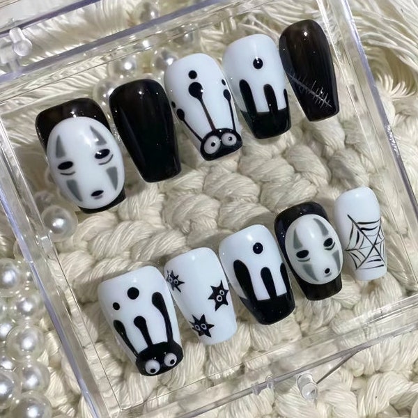 Handmade Black Mask Men Coal Ghost Cute Halloween Press On Nails Ghost Nails Black Nails Halloween Nails Handmade Nails