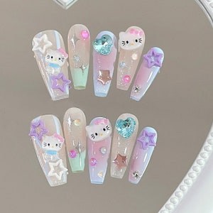 Handmade He llo Kitty Dopamine Colorful Rainbow Star Heart Bubbles Anime Cute Press On Nails Cute Nails Kitty Nails Y2K Nails Acrylic Nails