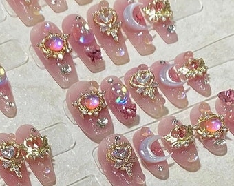 Handgemaakte Sailor Moon pers op nagels Sailor Moon nagels Japanse nagels Kawaii nagels nep nagels lange korte kist vierkant ovaal