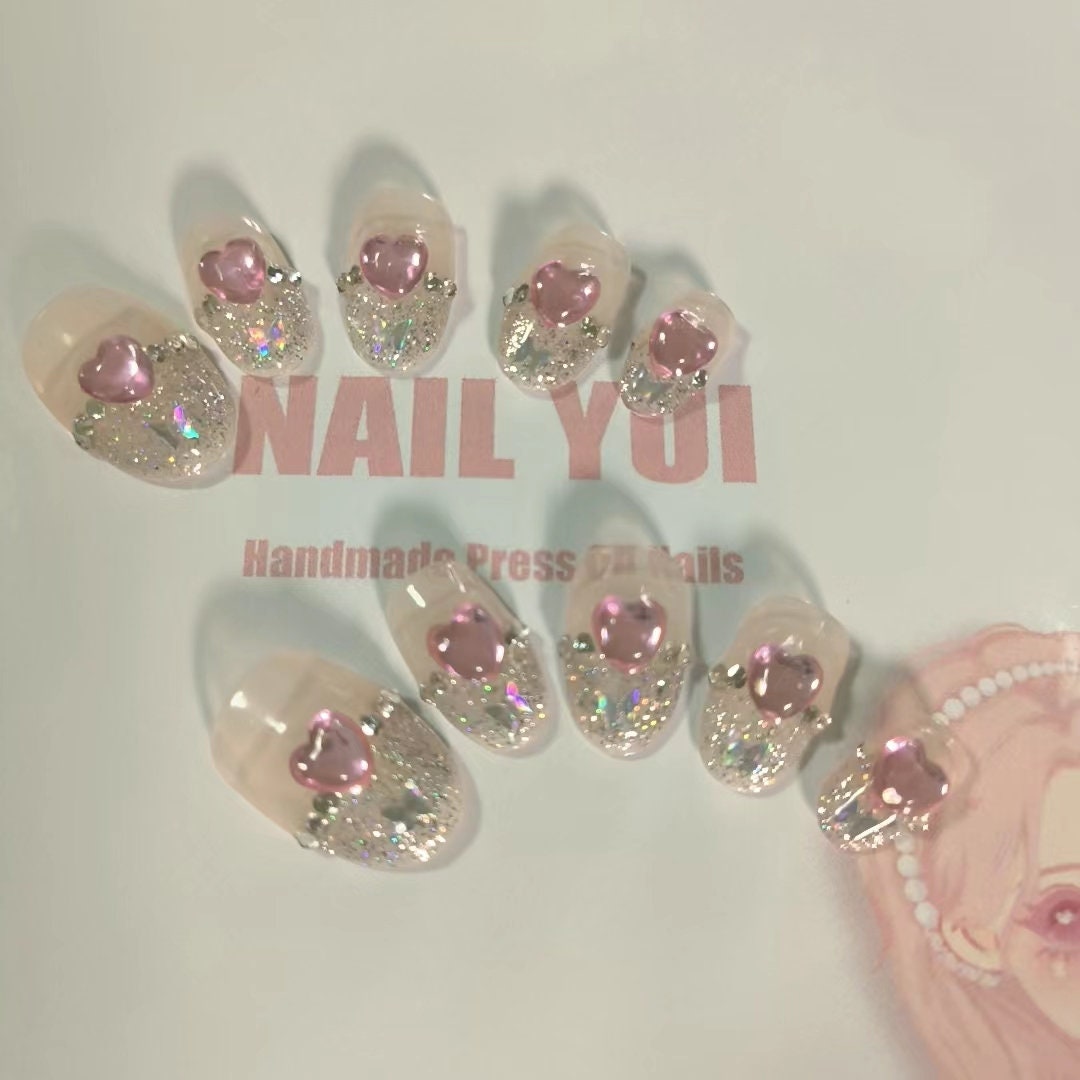 Handmade Glossy Heart Pink Kawaii Press on Nails Pink Nails - Etsy