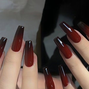 Handmade Black Deep Red Ombre New Year Christmas Press On Nails Ombre Nails Red Nails