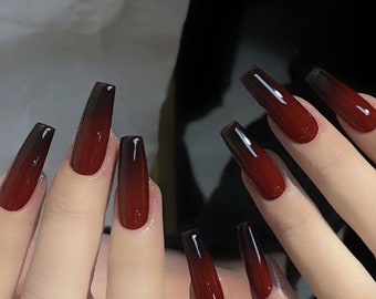 Handmade Black Deep Red Ombre New Year Christmas Press On Nails Ombre Nails Red Nails