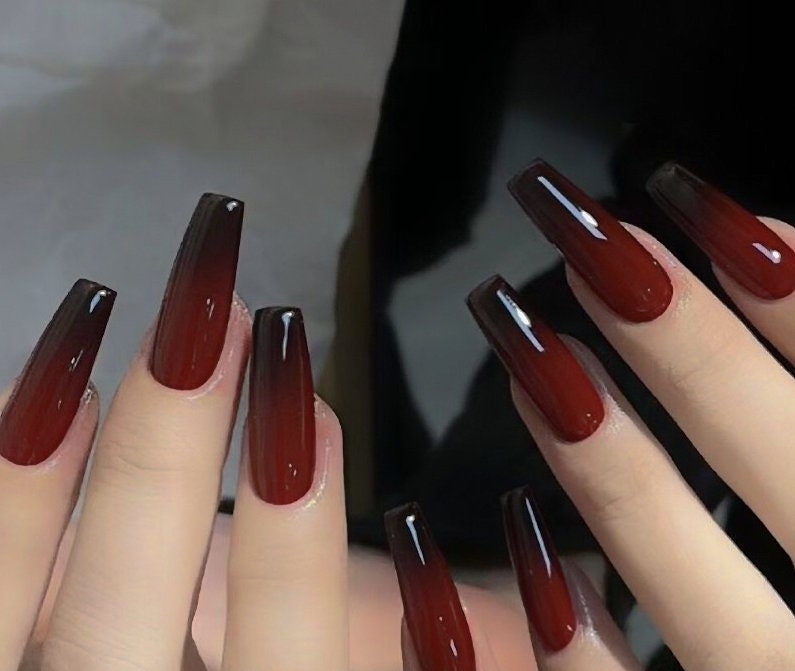 Handmade Black Deep Red Ombre New Year Christmas Press on Nails Ombre Nails  Red Nails 