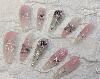 Handmade Y2K Gilding Silver Butterfly Chain Pink Milky Ombre Glitter Press On Nails Ombre Nails Pink Nails Y2K Nails  Acrylic Nails