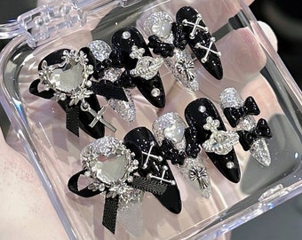 Handmade Black Sliver Bow Saturn Cross Gem Heart Lace Lolita Press On Nails Bow Nails Lolita Nails Black Nails Goth Nails Dark Nails