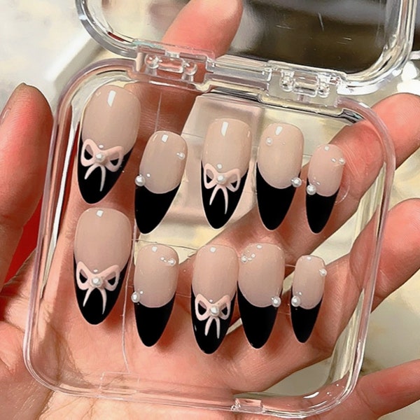 Handmade Black French Pink Bow Pearl Press On Nails Bow Nails French Nails Black Nails Cute Nails