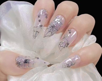 Handmade Halloween Spider Web Milky Gilding Silver Metallic Press On Nails Sliver Nails Gothic Nails Halloween Nails Acrylic Nails