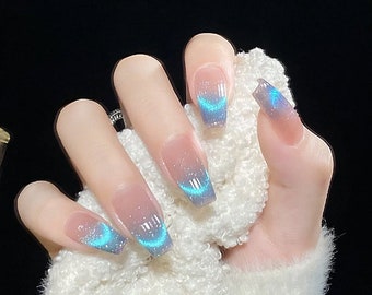 Handmade Sea Blue Cat Eye Aurora Ombre Press On Nails Ombre Nails Blue Nails Aurora Nails Cat Eye Nails Cat Eye Nails Reusable Acrylic Nails