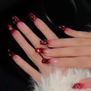 Handmade Deep Red Cherry Red Gem Ombre New Year Christmas Press On Nails Gem Nails Red Nails image 3