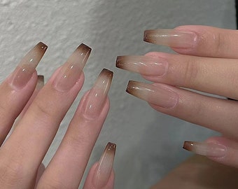 Handmade Siamese Cat Caramel Coffee Brown Ombre Winter Press On Nails Ombre Nails Winter Nails